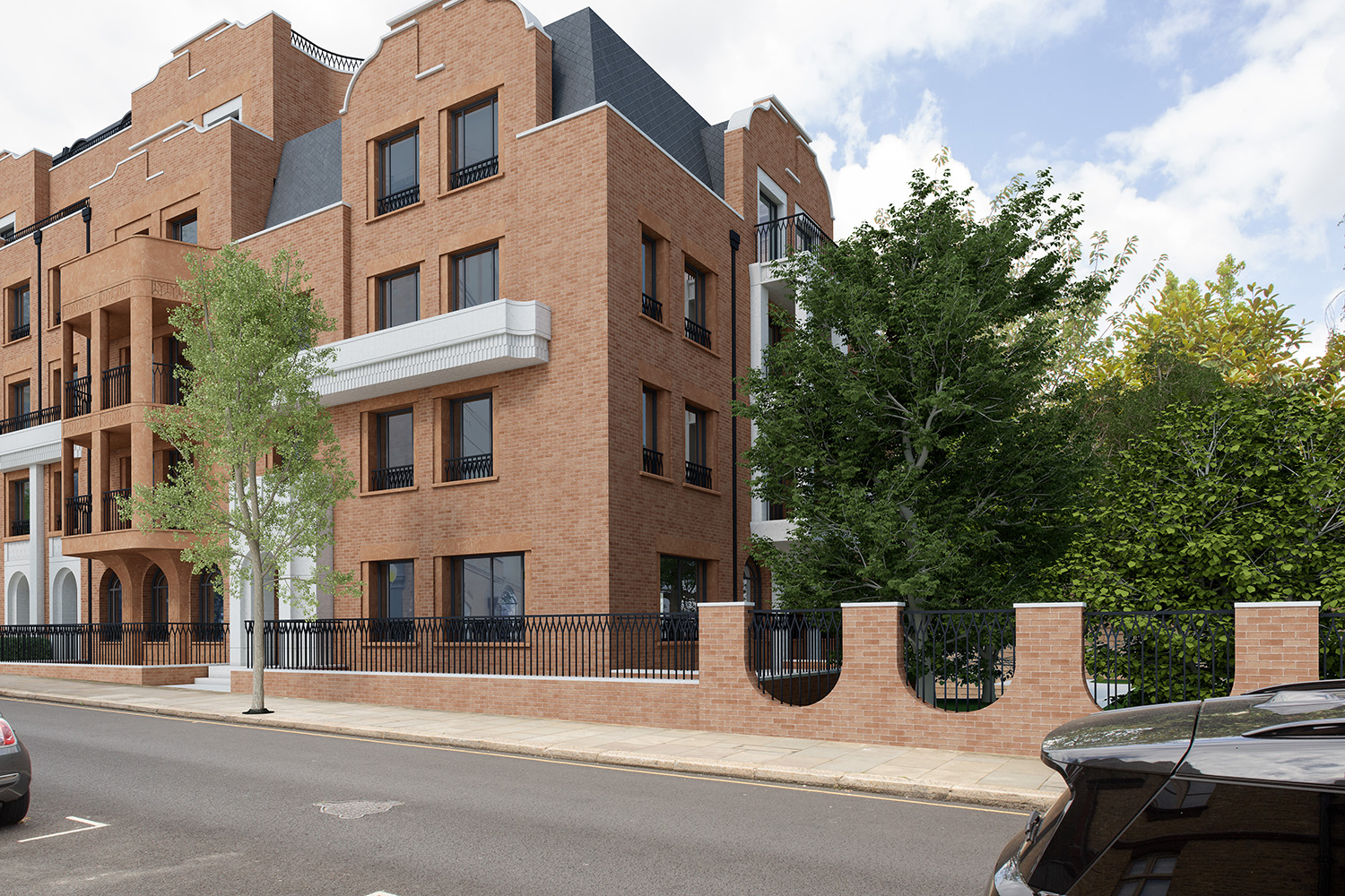 After image: view of a five-storey block built hard against the pavement fills the gap, creating a continuous wall of development.